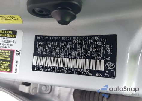 2014 Toyota Corolla L z USA, uszkodzony, nr VIN 2T1BURHE4EC109480